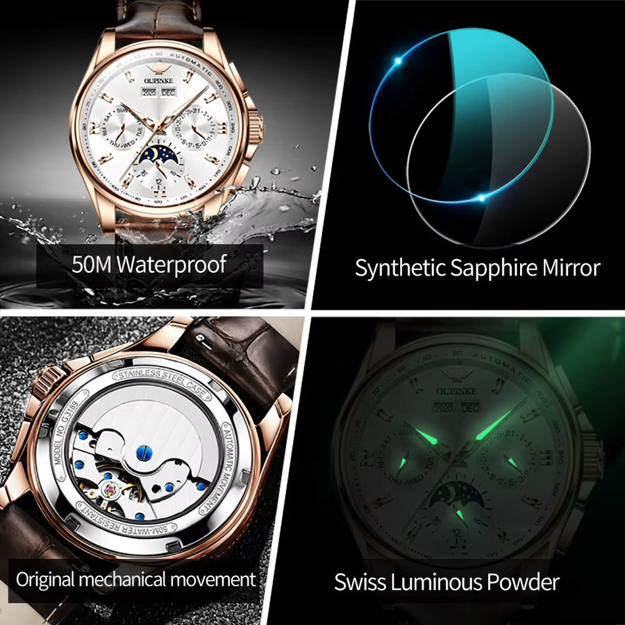 OUPINKE Herrenuhr, Automatik, Edelstahl, Leder, Weiß, 5 ATM, Herren - Bild 4