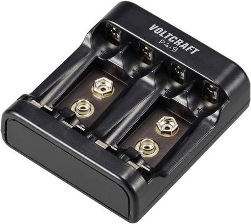 Voltcraft P4-9 Rundzellen-Ladegerät für NiMH Akkus AAA, AA und 9V Block, Schwarz, USB-C - Bild 1