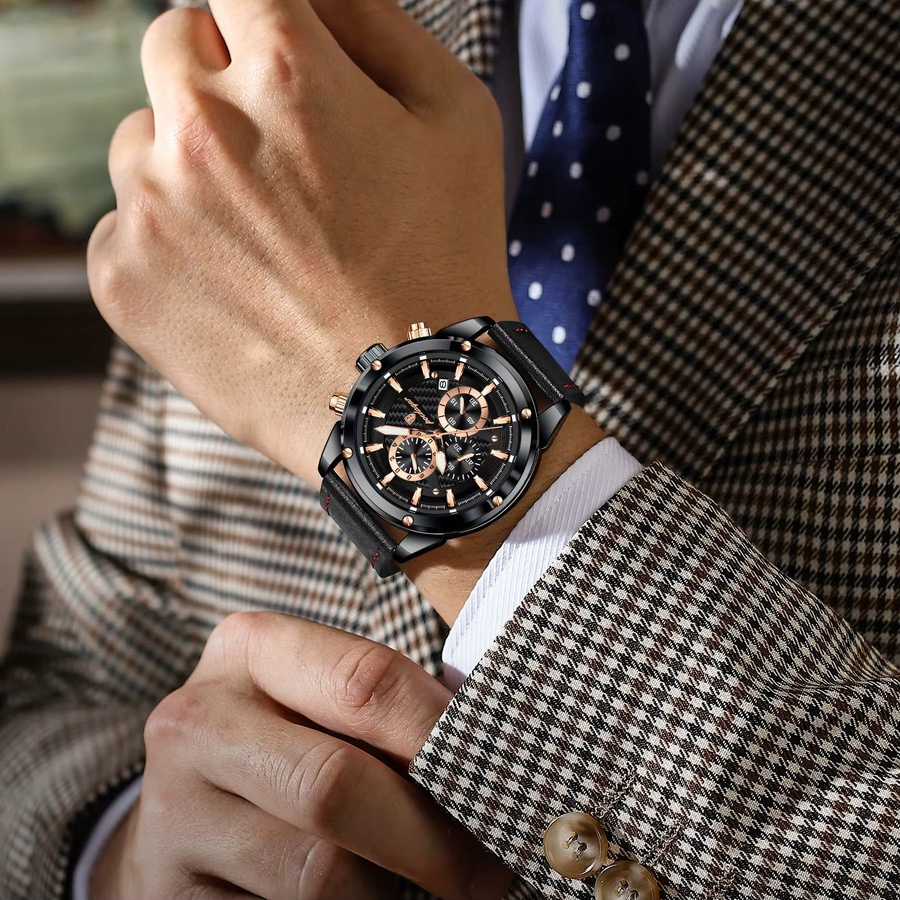 POEDAGAR Armbanduhr, Chronograph, Quarz, Leder, Schwarz, Herren - Bild 5