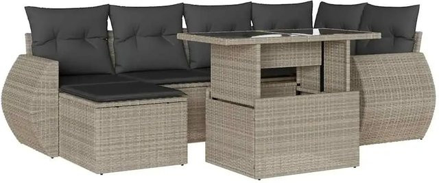 vidaXL 7-teilige Garten-Sofagarnitur in L-Form aus Polyrattan mit Kissen in Hellgrau - Bild 1