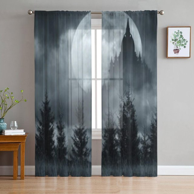 Dekorative Tüll-Vorhänge Magisches Schloss Vollmond in der Nacht aus transparentem Organza, Breite: 135 cm, Höhe: 114 cm - Bild 1