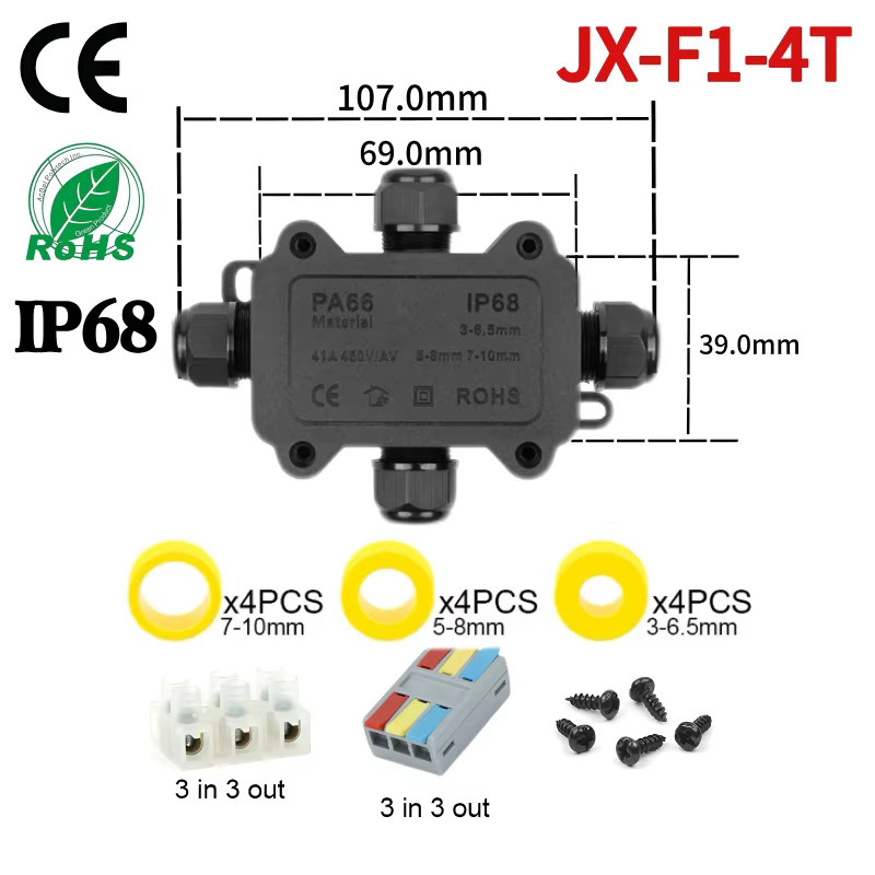 Wasserdichte IP68 Anschlussdose für den Außenbereich aus schwarzem PC-Kunststoff, 2/3/4-Wege-Mini-Verteiler für vergrabene Verkabelung - Bild 4