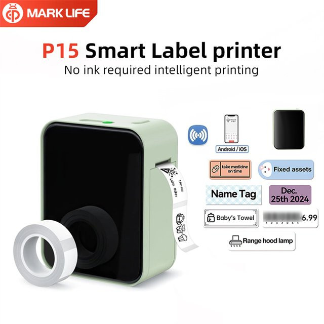 MarkLife P15 Mini tragbarer Thermodrucker in Grün, kabelloser Bluetooth Etikettendrucker für Zuhause und Büro - Bild 1
