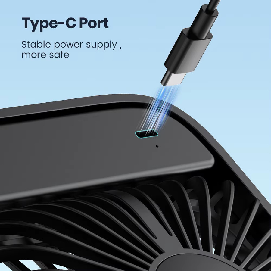 Warmco Mini-USB-Tischventilator in Schwarz mit 3 Geschwindigkeiten und 180 Grad Rotation, tragbarer USB-C-Desktop-Lüfter - Bild 3