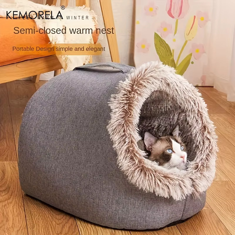 KEMORELA Selbstwärmendes Katzenbett als gemütliche Schlafhöhle für kleine und mittelgroße Katzen, Textil, Braun und Grau - Bild 2