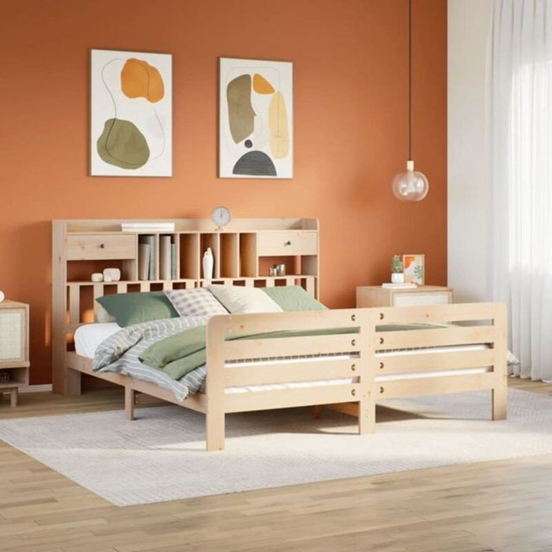 Massivholzbett aus Kiefer mit Regal in Braun, B/T/H: 180 x 200 x 110 cm, von vidaxl - Bild 1