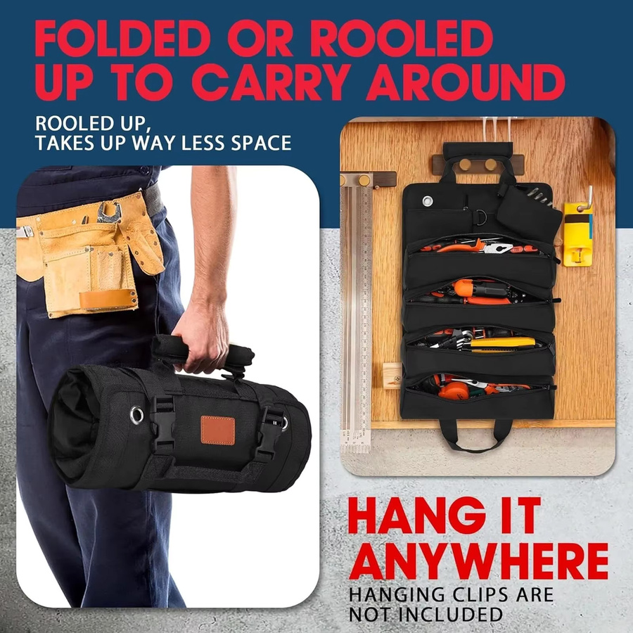 Robuste Werkzeugtasche zum Aufrollen in Schwarz, faltbarer Werkzeug-Organizer mit 2 kleinen Taschen für Mechaniker und Elektriker, B/T/H: 50,0 x 32,0 cm - Bild 4