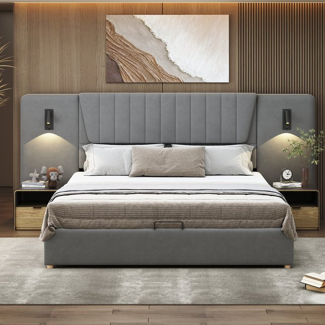 KOMHTOM Doppelbett aus Samtstoff mit integrierter Leselampe, USB-Ladeanschluss und hydraulischem Stauraum, B/T: 180 x 200 cm - Bild 1