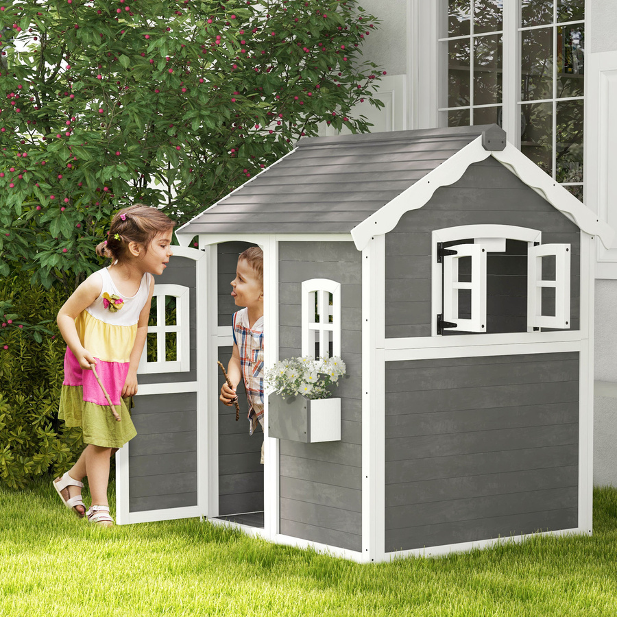 Outsunny Kinderspielhaus aus Holz in Grau mit Tür, Fenster und Pflanzkasten als Gartenhaus für Kinder - Bild 2