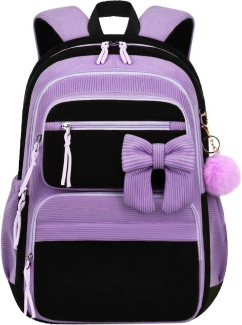 OKKID Schulrucksack für Mädchen aus Corduroy mit Kirsch-Schleife in Lila - Bild 1