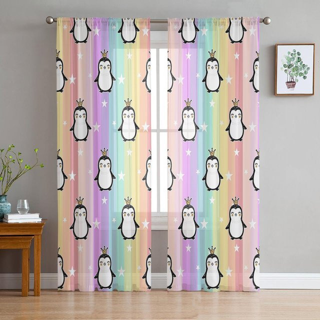 Transparente Tüll-Vorhänge mit Pinguin, Sternen und Regenbogenstreifen für Kinderzimmer und Wohnzimmer, B: 135 cm, H: 115 cm - Bild 1