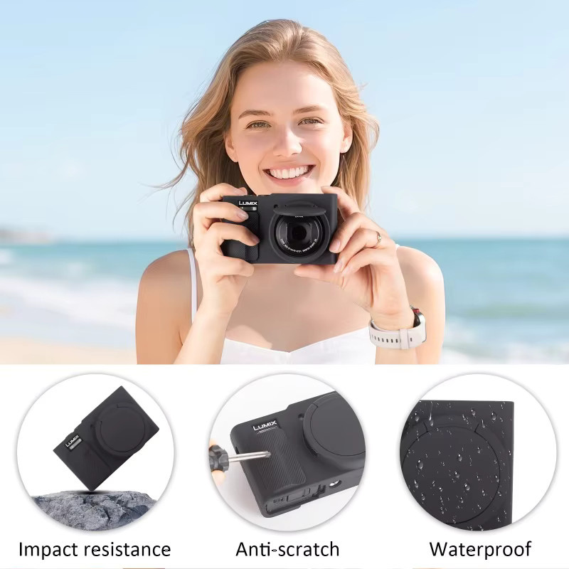 Stoßfeste Silikonhülle für Panasonic Lumix TZ99 ZS99 Kamera mit Objektivdeckel und Handschlaufe in Pink oder Black - Bild 6