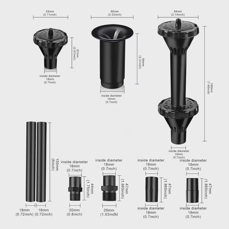 Verstellbares Kunststoff-Springbrunnenkopf-Set in Schwarz für Gartenteiche, Pools und Aquarien mit 1/2-Zoll und 3/4-Zoll Düsen-Kit - Bild 2