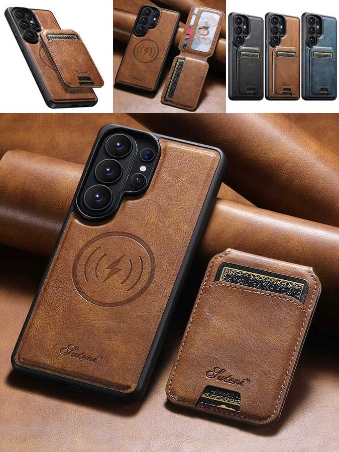 SUTENI Handyhülle aus Kunstleder mit Magnet-Kartenhalter und kabellosem Laden für Samsung Galaxy S26 Ultra und S25 Plus in Blau oder Braun - Bild 6
