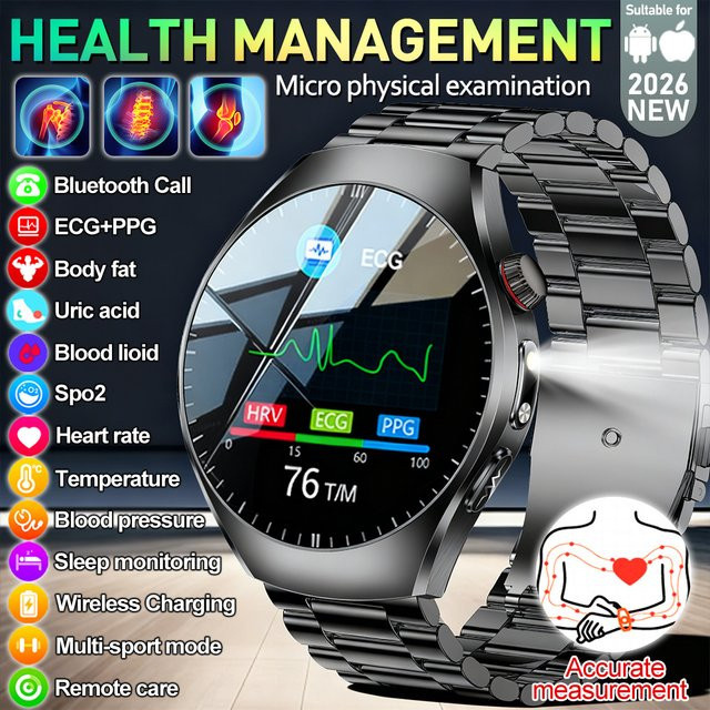 Yaocx Smartwatch mit Körperanalyse, EKG, Blutfett- und Harnsäuremessung sowie Sprachfunktion in Gelb für Damen und Herren - Bild 1