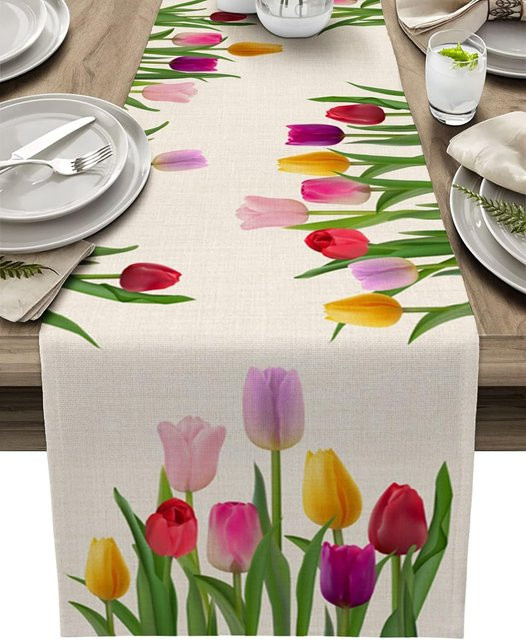 JINGYUE Pet Tischläufer aus Leinen mit Oster-Tulpenblumen in Weiß, B/H: 150 x 33 cm - Bild 1