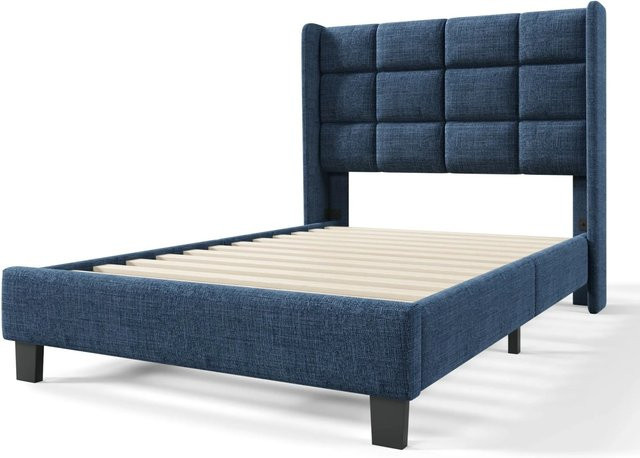 KOMHTOM Polsterbett mit Kopfteil und Lattenrost in Blau aus Leinen, Einzelbett B/T/H: 90 x 200 x 103 cm - Bild 1