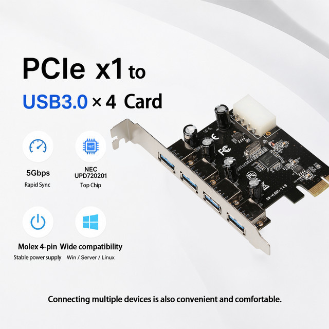 BZIZU PCIe X1 zu 4-Port USB 3.0 Erweiterungskarte mit NEC UPD720201 Chip, USB-A Typ A, 5Gbps, Schwarz - Bild 1