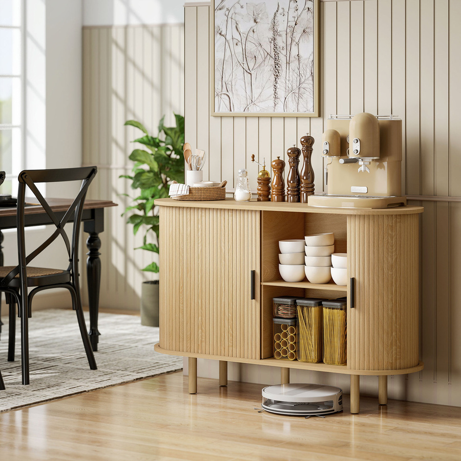 HOMCOM Sideboard in Eiche mit gerillten Lamellentüren und Holzfüßen, modernes Sideboard mit 4 Fächern für Wohnzimmer, Küche oder Flur, B/T/H: 120 x 40 x 78 cm - Bild 2