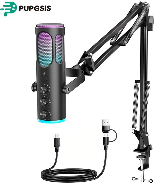 PUPGSIS USB-Kondensatormikrofon für PC, PS4/5 und Mac in Schwarz mit Geräuschunterdrückung, Stummschaltung, Reverb, verstellbarem Schwenkarm und Pop-Filter - Bild 1