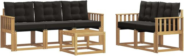 vidaXL Outdoor-Sofagarnitur 6-teilig in L-Form mit Kissen und Couchtisch, Weiß und Schwarz, aus Akazienholz und Textilene - Bild 1