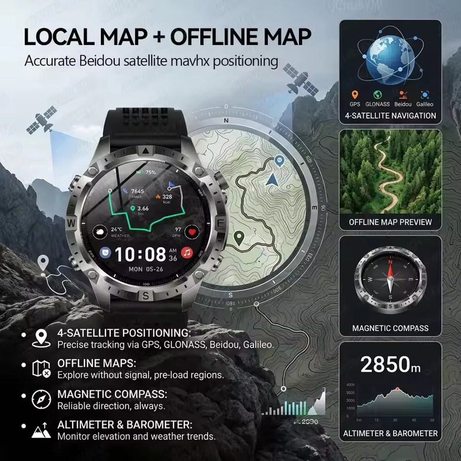 GUHUAVMI Outdoor Militär Smartwatch in Schwarz mit AMOLED-Display, GPS-Karte, Kompass, 3ATM Wasserdichtigkeit, 170+ Sportmodi und Bluetooth-Anruffunktion für Herren - Bild 2