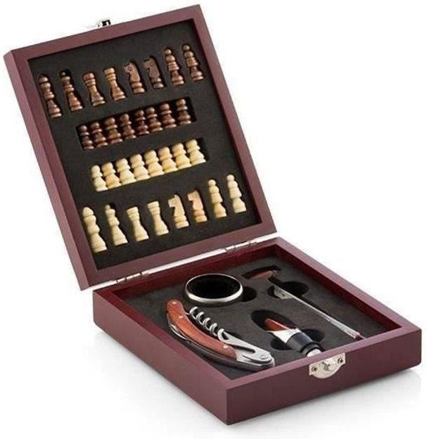 INNOVACASA Sommelier-Koffer aus Holz, Schachspiel, Set mit 4 Weinzubehör - Bild 1