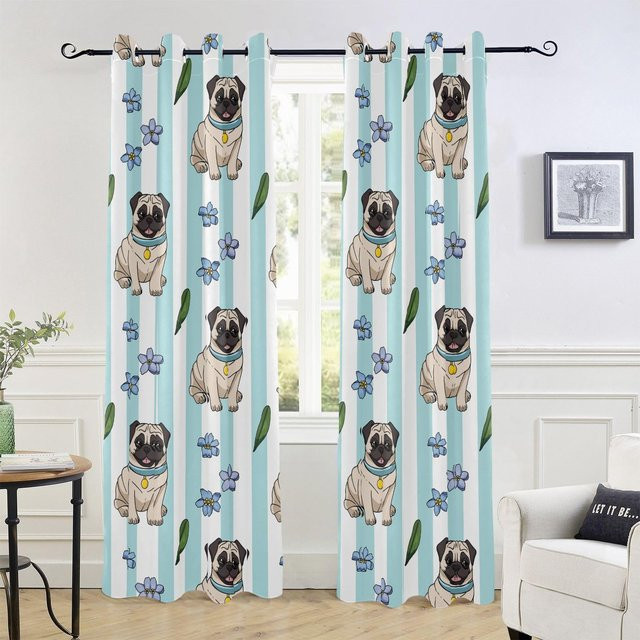 Verdunkelungsvorhang mit Mops-Hunde Motiv für Kinderzimmer und Schlafzimmer, Blau, B 55 cm x H 185 cm - Bild 1
