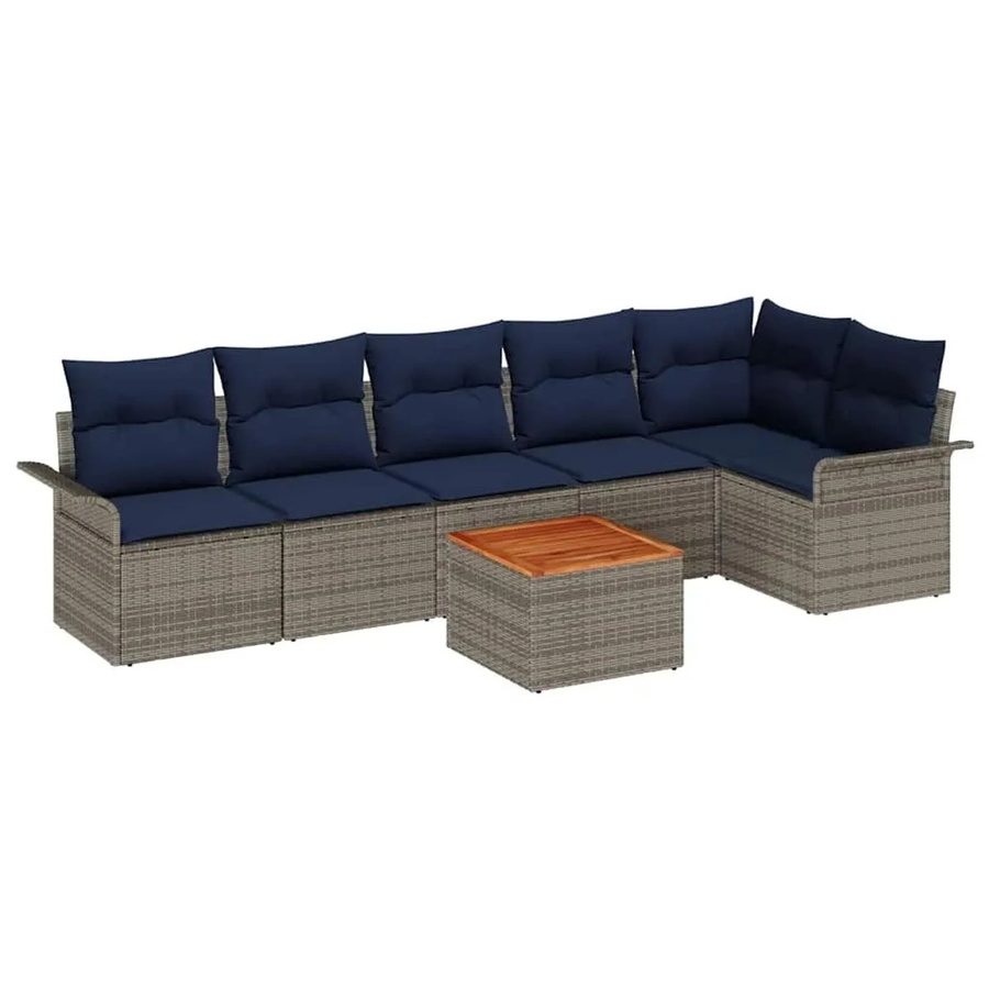 vidaXL Gartensofa-Set aus Poly-Rattan in Grau und Blau mit 7-teiliger L-Form, Polsterung und Gartentisch - Bild 2