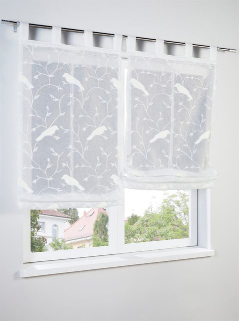Raffrollo Heine Home in Beige mit floralem Blätterranken und Vögeln Design, transparent, 100% Polyester - Bild 1