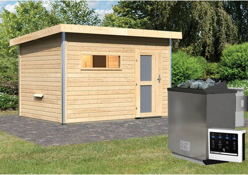 KARIBU Saunahaus Schwanenburg 2 aus Fichtenholz in Beige mit 9 kW Bio-Kombi-Ofen und externer Steuerung, B/T/H: 337 x 231 x 239 cm - Bild 1
