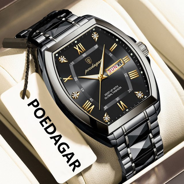 POEDAGAR Armbanduhr Tonneau, Quarz, Edelstahl, Schwarz, Silber, Herren - Bild 1