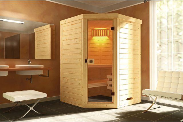 WEKA Massivholz-Elementsauna Laukkala 1 für 4 Personen in Braun inklusive 4,5 kW Ofen mit externer Steuerung und Saunaleuchtenset - Bild 3