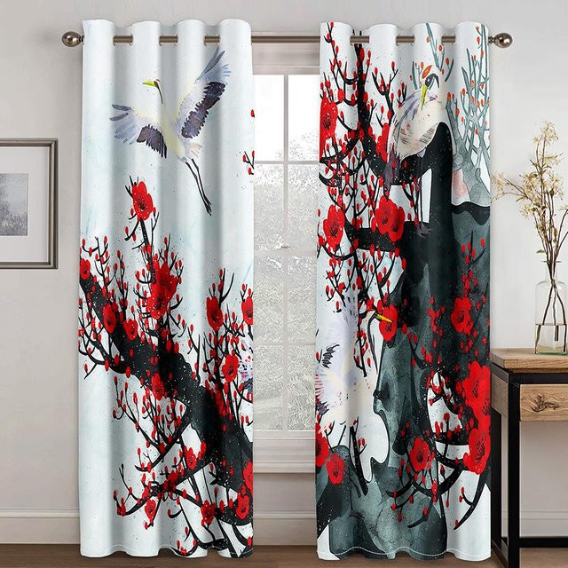 2 Stück rot großblättrige Halbschatten-Vorhänge aus Polyester mit Blumenmuster und Ösen, B/H: 25 x 60 cm - Bild 1