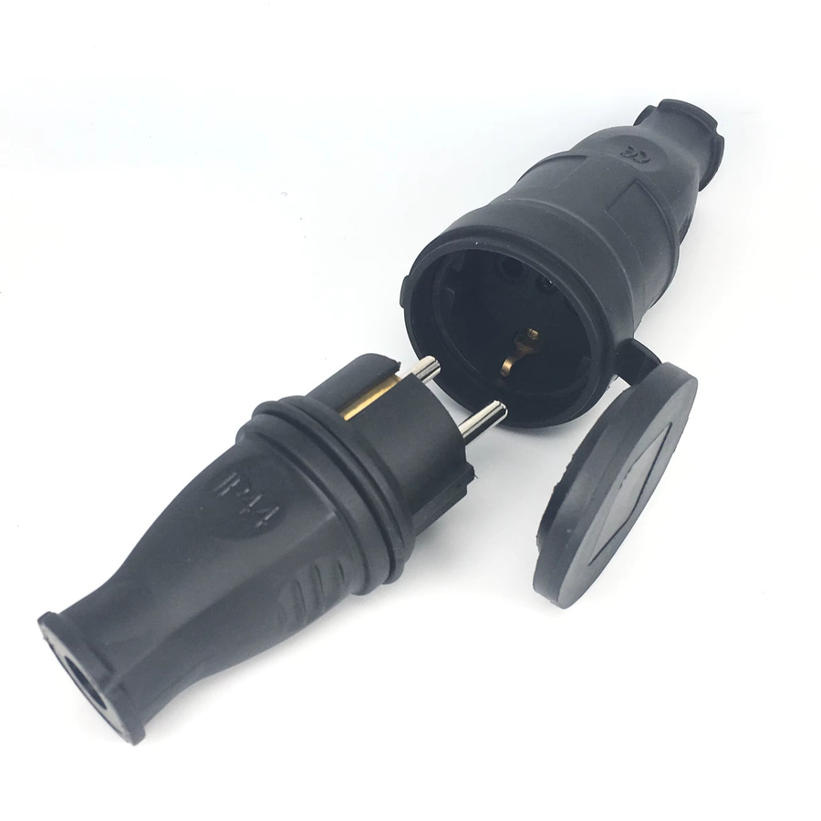 Bolantedz Wasserdichter EU-Gummi-Steckdosenstecker mit Abdeckung IP44, geerdeter europäischer Anschluss für DIY-Stromkabel, 16 A, Schwarz - Bild 1