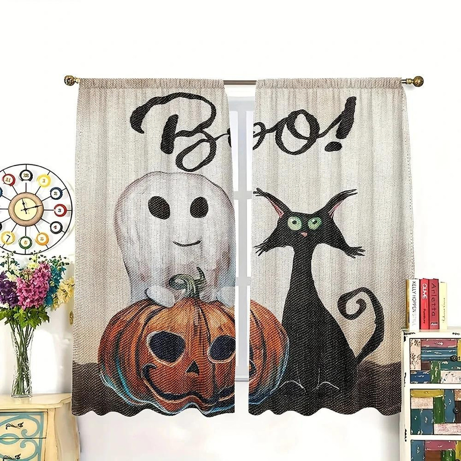 Yiran Furniture Halloween Vorhänge mit Geist, Kürbis und schwarzer Katze, verdunkelnd, B: 55 cm, H: 120 cm - Bild 4