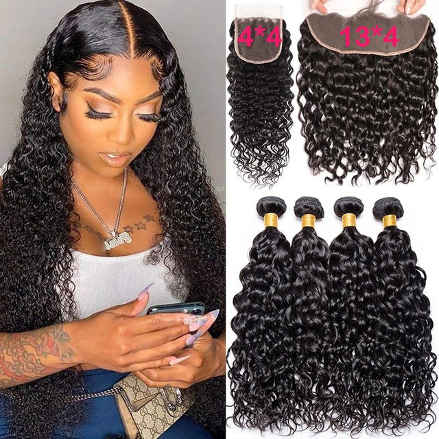 JAYCEE HAIR Wasserwellen Remy Haar Bündel, 3 Bündel mit Frontal 13x4 - Bild 1