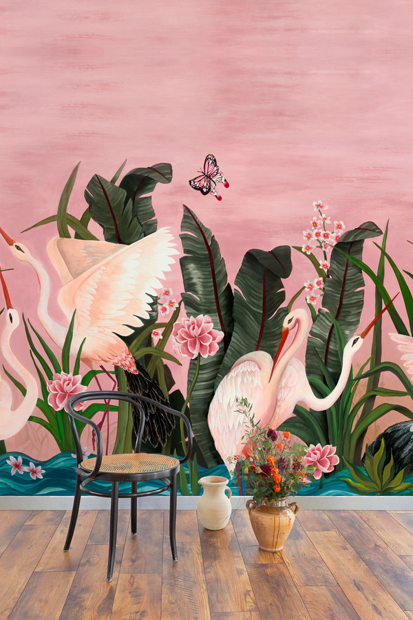Coordonné Panoramische Tapete Wetlands in Pink mit Naturmotiv und floralem Design - Bild 1