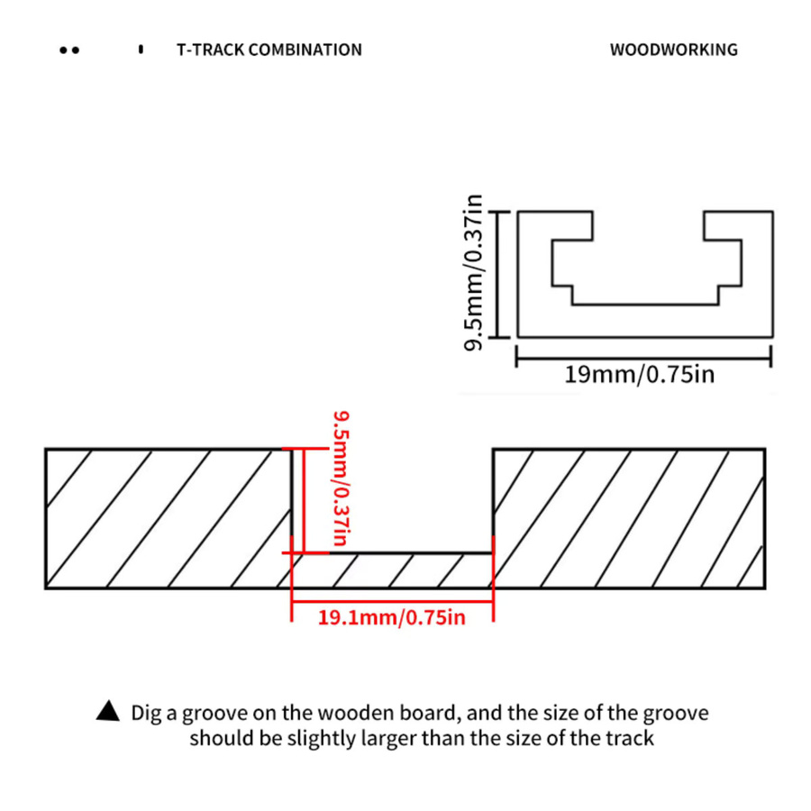 FNICEL Aluminium T-Track für Holzbearbeitung und Tischsäge in Schwarz, B/H: 19 x 9,5 mm, Längenoptionen 400 mm oder 500 mm - Bild 2