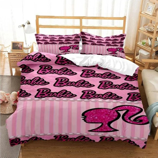 Barbie Bettwäsche-Set mit Cartoon Anime Motiv, 3-teiliges Set aus weichem Mikrofaser-Bettbezug und Kissenbezügen in Pink, Breite: 264 cm, Tiefe: 228 cm - Bild 1