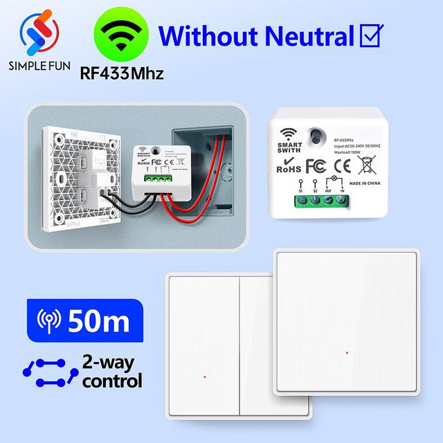 SLMPLEFUN Drahtloser intelligenter Lichtschalter mit RF 433 MHz Mini-Empfängermodul, weiß, ohne Neutralleiter, 220 V - Bild 1