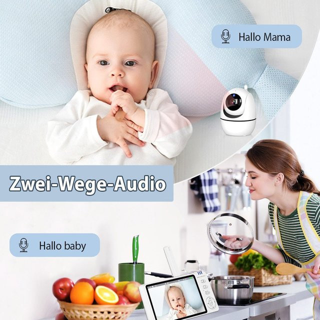 Babyphone mit Kamera 720P HD, 5 Zoll LCD, 355 Grad schwenkbar, Nachtsicht, Zwei-Wege-Audio und VOX-Modus, Weiß, Reichweite 300 m - Bild 1