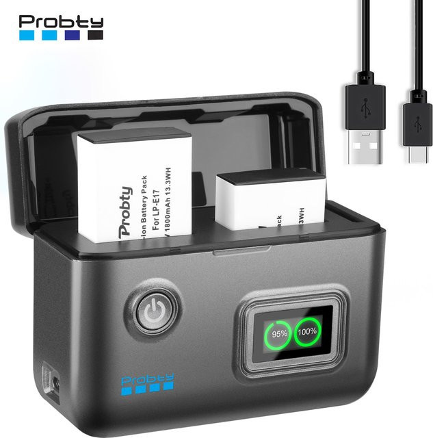 Probty LP-E17 Akku mit 1800 mAh und 2-Slot-Schnellladegerät für Canon EOS R100 R50 RP R10 R8, Rebel T8i T7i T6i T6s, SL2 SL3, M3, M5 in Schwarz - Bild 1