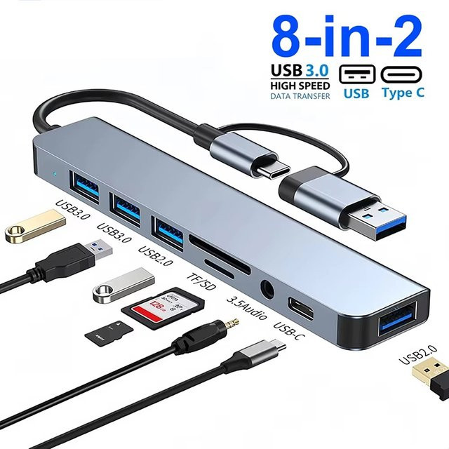 VORTNGLE 8-in-1 USB-C Dockingstation Multiport-Adapter in Grau mit 3,5-mm-Klinkenanschluss und SD-Kartenleser für Laptop und PC - Bild 1