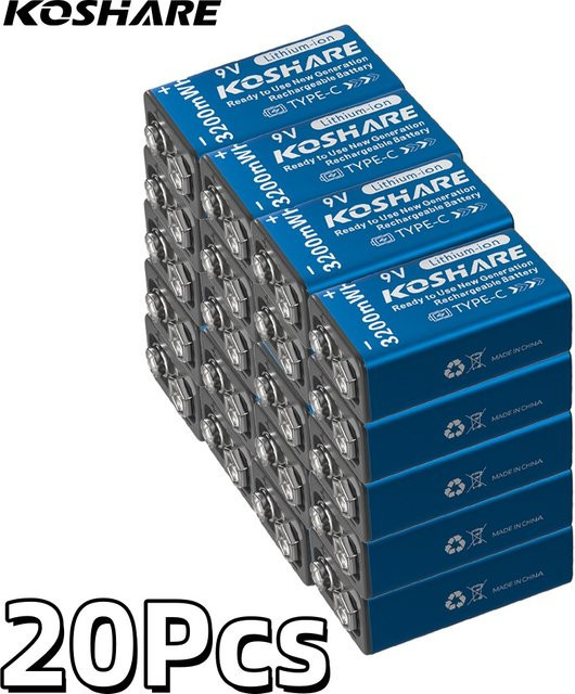 KOSHARE Akku 9V Lithiumbatterie mit Typ-C Anschluss, 3200mWh, Blau - Bild 1