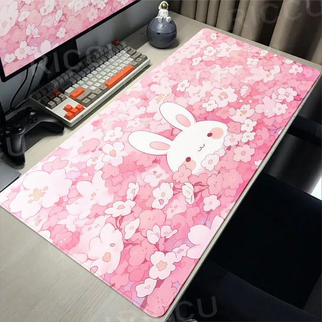 Riccu XXL Mauspad mit rosa Blumenkaninchen als niedliche Schreibtischunterlage für Computer und Tastatur - Bild 1