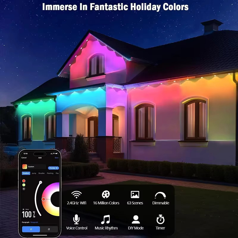 LINYILIGHT WIFI Smart Eaves LED Lichterkette RGBIC Outdoor mit App-Steuerung, Fernbedienung und Sprachsteuerung, Wasserdicht, Multicolor - Bild 3