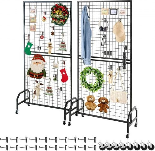 VEVOR Gitterwandpaneele aus Kohlenstoffstahl in Schwarz, 2er-Set rollbare Präsentationsständer mit Rollen und Haken, B/T/H: 89,8 x 17,98 x 179,8 cm - Bild 1
