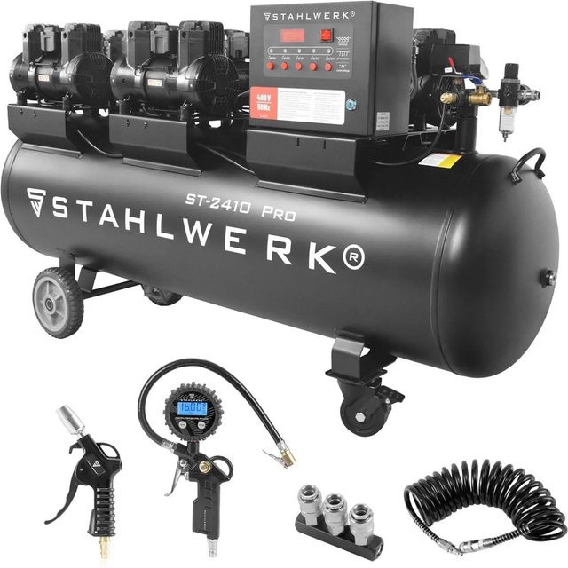 STAHLWERK Kompressor Set in Schwarz mit 240 l Tank und 10 Bar Druck inklusive Reifenfüller, Schlauch, Pistole und Verteiler - Bild 1
