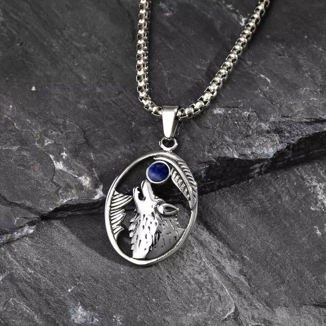 mprainbow Halskette Wolfskopf, Edelstahl, Lapislazuli, Herren, Vintage - Bild 1